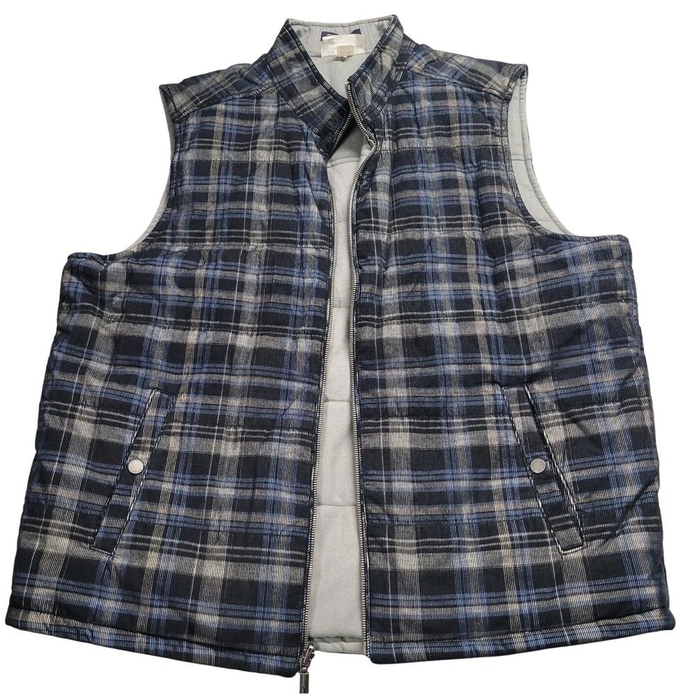 Tommy Bahama Mens Reversible Puffer Vest Blue Plaid Corduroy Grey Quilted XL